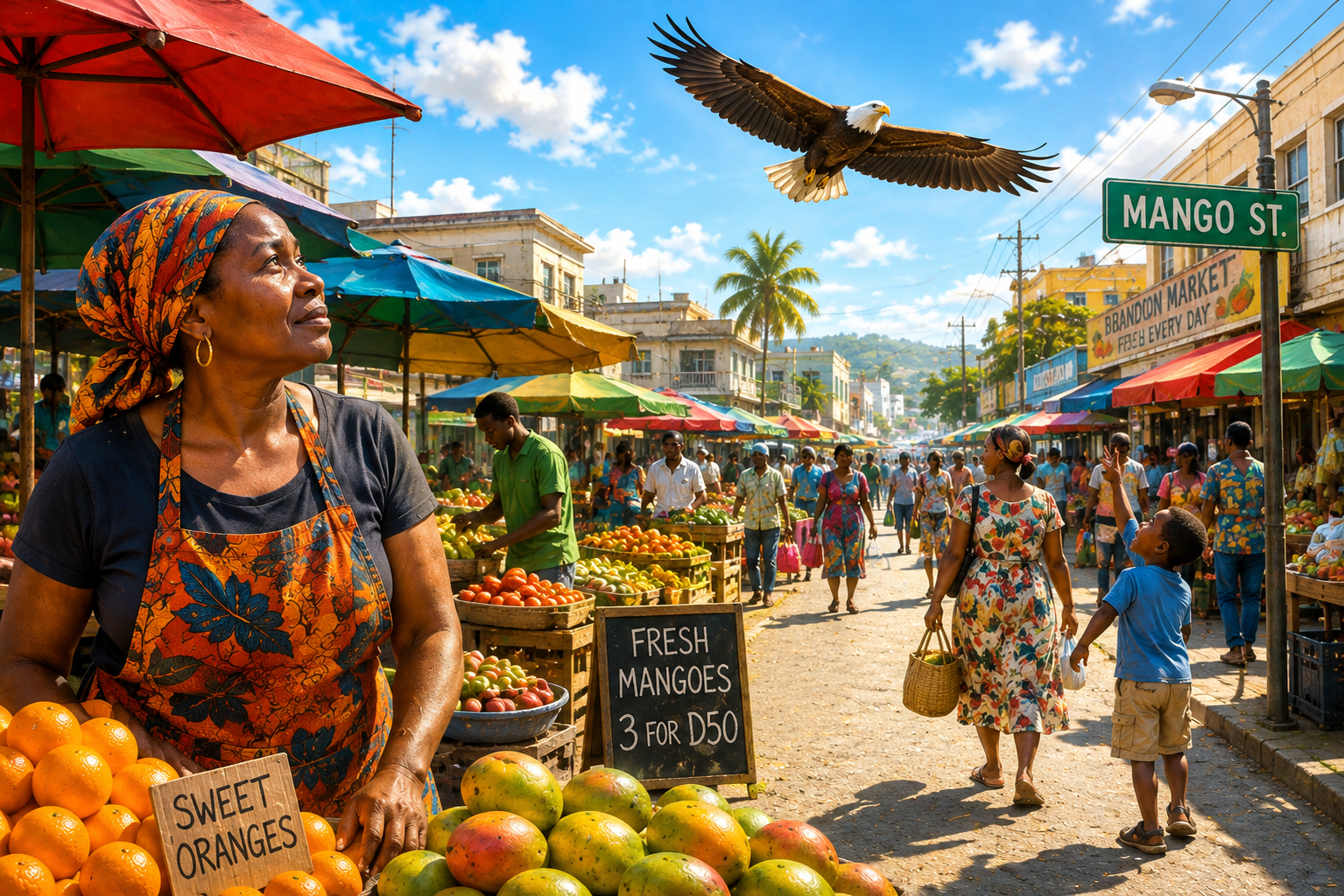 Marla at the Mango Street market looking upward as Zain passes overhead