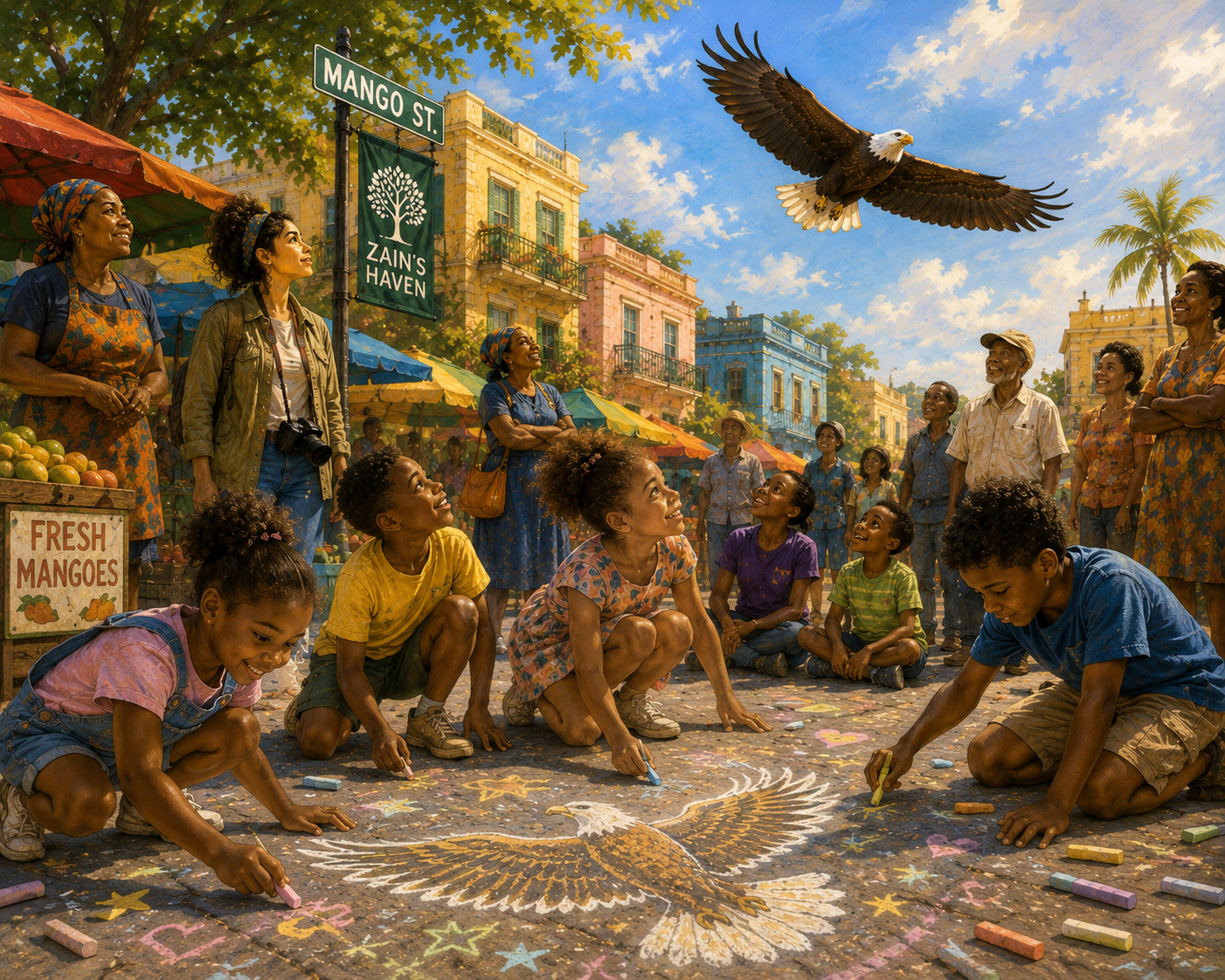 Children drawing Zain in colored chalk on the pavement while looking up at his flight