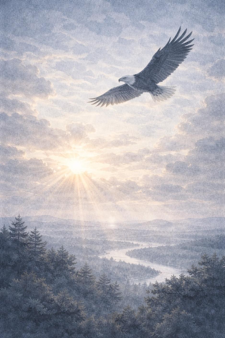 Story illustration: Zain flying over forest and river landscape