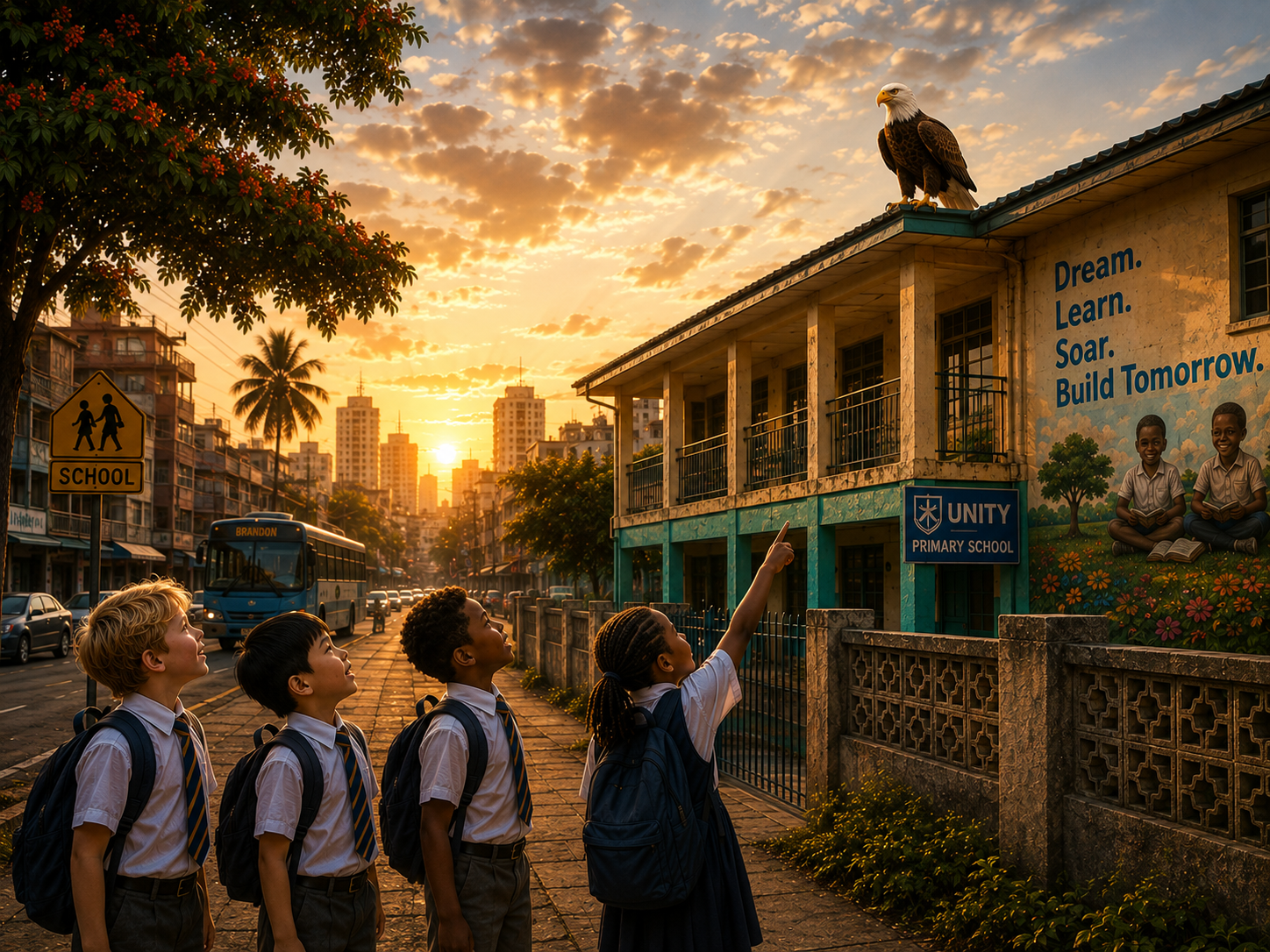 Zain perched on the school roof with folded wings as four schoolchildren look up at him